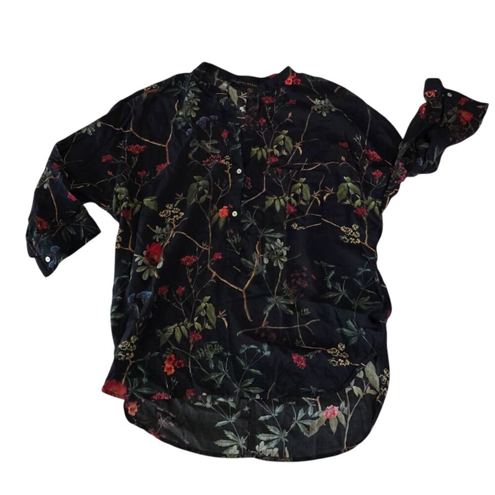 Zara Woman's 3/4 Sleeve Black Floral Summer Blouse Large Mandarin Collar Cotton
